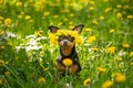 ÃÂÃÂ¡ute puppy, a dog in a wreath of spring flowers on a flowering Royalty Free Stock Photo